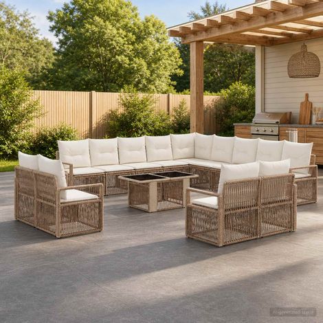 vidaXL Set Divano da Giardino 14 pz Beige e Bianco Crema polyrattan (1/5)