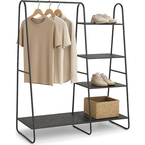 Relaxdays Metal Clothes Rack, 5 Shelves, Hanging Rail, for Hallway & Bedroom, HWD: 150x100x39 cm, Open Wardrobe, Black