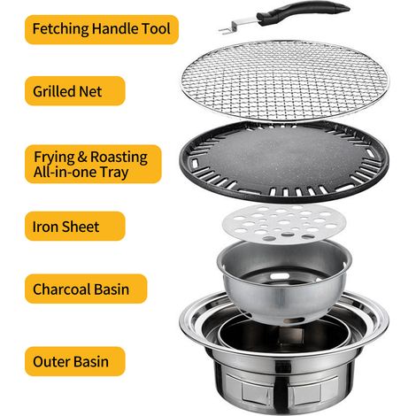 Barbecue coréen multifonctionnel de 13 pouces, poêle à charbon de bois rond, poêle de camping, fumoir de table, filet grillé et plateau pour cour, pique-nique, plage (1/5)