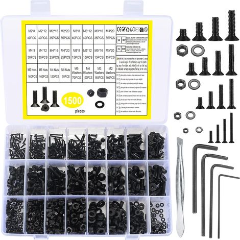 1500-teiliges Schrauben-, Muttern- und Unterlegscheiben-Set – Schwarzer legierter Stahl – Senk- und Zylinderkopf – Präzise Befestigung M2 bis M5 – Heimwerkerbedarf und Reparatur (1/5)