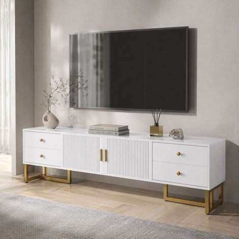 MEUBLIV Mobile TV 175x30x46 cm bianco - 4 cassetti, 2 ante testurizzate, piedi dorati (1/5)