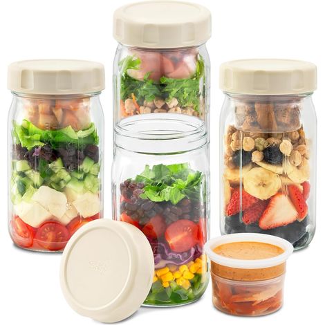 Lot de 4 bocaux à salade en verre étanches avec couvercles  Bocaux Mason de 946 ml, séparateurs intégrés pour aliments secs et humides, compatibles avec les vinaigrettes (1/5)