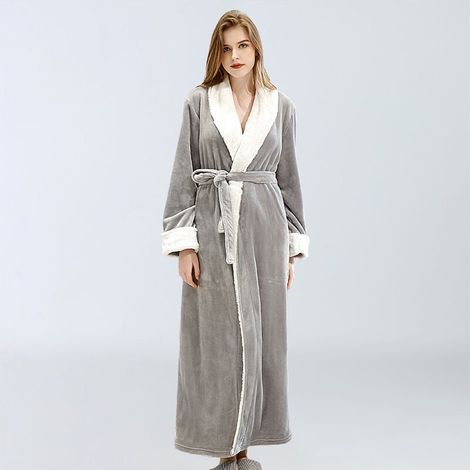 Peignoir Femme Polaire Doux Avec Poches Robe De Chambre Hiver Cadeau Taille L Gris (1/4)