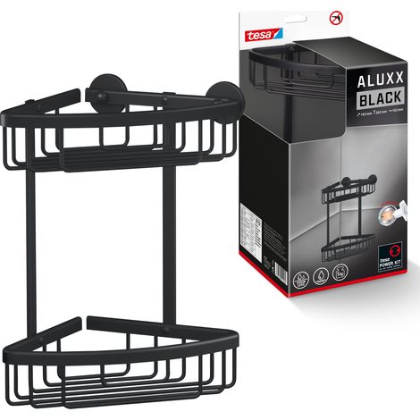 tesa® ALUXX BLACK zweistöckige Eck-Duschablage zur Wandmontage ohne Bohren, schwarz matt - für Bäder im Industrial Style und moderne Badezimmer - mit Klebelösung - 163 mm x 260 mm x 170 mm (1/5)