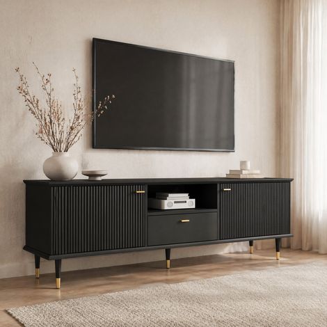 TV-Möbel aus schwarzem MDF mit 2 Türen, offenem Fach und Schublade, Soft-Close (1/5)