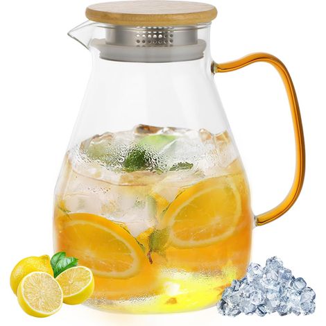 Carafe en verre 1,5 L carafe avec poignée et couvercle carafe eau verre résistante à la chaleur pour boissons chaudes et froides comme thé glacé café vin lait jus Idéale pour diverses occasions (1/5)