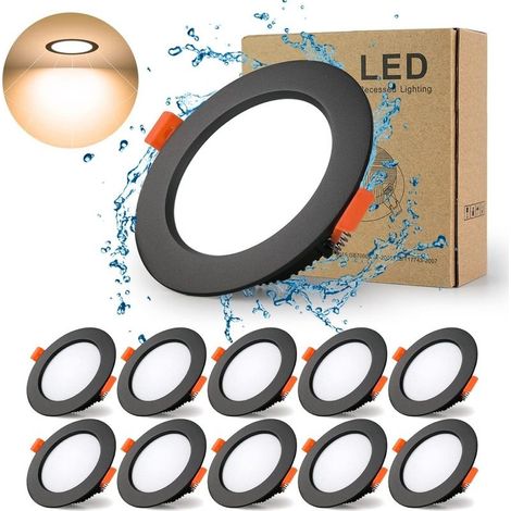 Spot Led Encastrable Noir Extra Plat, 10 Pack 7W 700LM = 70W incandescence, IP44, 3000K Blanc Chaud, AC 220-240V,Découpe 70-85mm,Rond ultraslim plafond encastré Pour salle de bain,Cuisine,Salon (1/5)