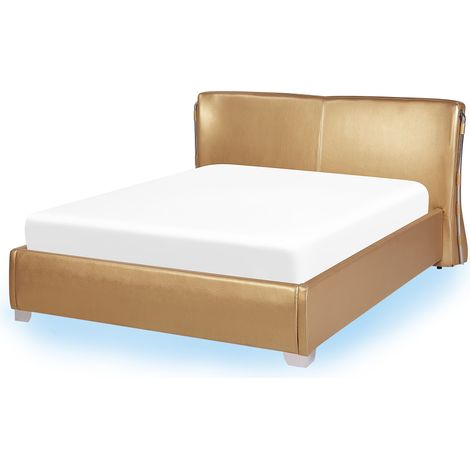 Cama tapizada en piel dorada con somier y luces LED 140 x 200 cm diseño moderno Paris