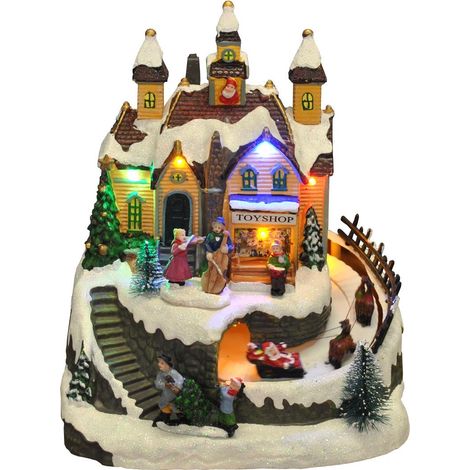 Christmas Toy Shop Scene Ornament with Lights Moving Santa Sleigh and Sound (1/5)