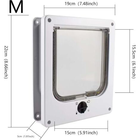 Chatière étanche avec serrure rotative à quatre voies, adaptée aux chats et aux petits chiens, facile à installer et à utiliser, version améliorée, blanche (1/5)