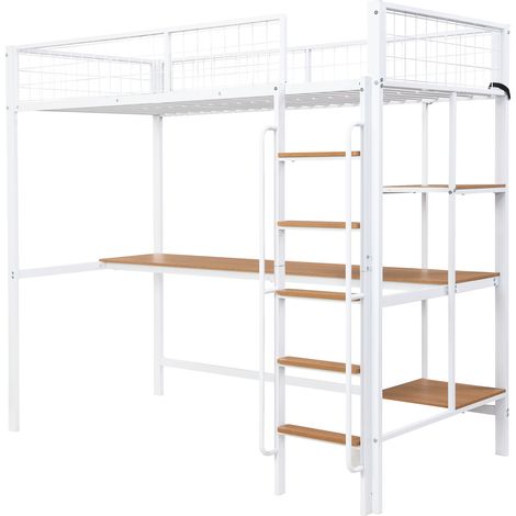 Letto a soppalco in metallo con scrivania e ripiani, 90 x 200 cm, bianco e naturale (1/5)