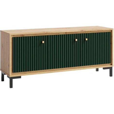 Monmobilierdesign – Meuble TV 3 portes 130x56 cm en bois – Design contemporain – Couleur vert bouteille – Rangement optimisé avec passage de câbles (1/5)