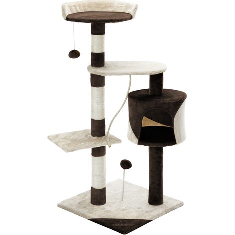 CADOCA® 112cm Cat Scratching Post with 3 Viewing Platforms 1 Cat Cave, 2 Play Balls, 1 Play Rope Tall Cat Scratch Tree Pole Pet Furniture Cat Kitten Sleeping Area Bed Brown-Beige