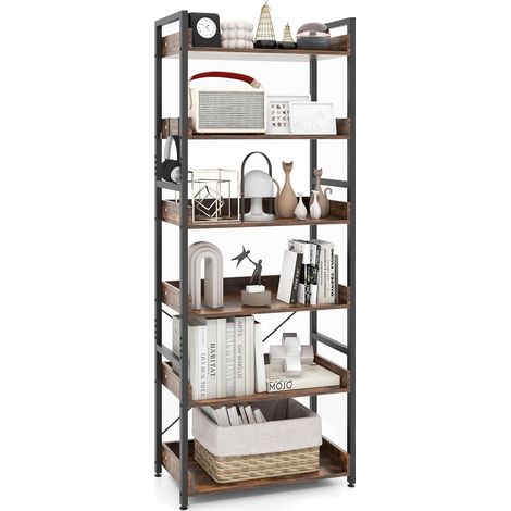 COSTWAY Estantería de 6 Niveles, Librería Industrial de 177 cm con 6 Estantes Abiertos y 4 Ganchos, Estantería de Esquina con Marco de Metal, Soporte de Exhibición Vintage para Estudio, Sala (1/5)