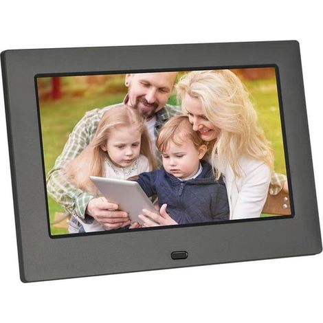Digitaler 7-Zoll-Fotorahmen mit schwarzem Rand, unterstützt die Wiedergabe von Videos von einer SD-Karte, Kalenderansicht und Weckerfunktion. (1/4)