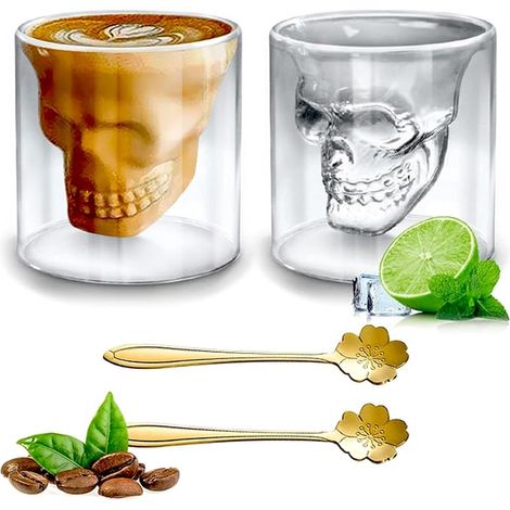Set of 2 Shot Glasses for Shot Glasses for Rum Vodka Whisky Customisable Double Wall Skull Cup 250 ml (1/5)