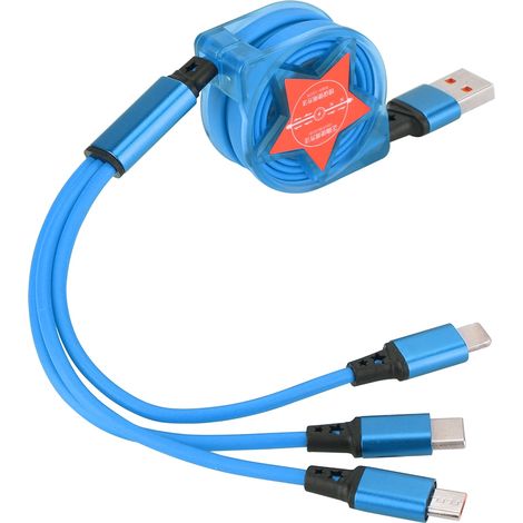 Câble de charge rétractable 3 en 1 rouge étoile pour connecteurs IOS, Type C et USB - Bleu (1/5)