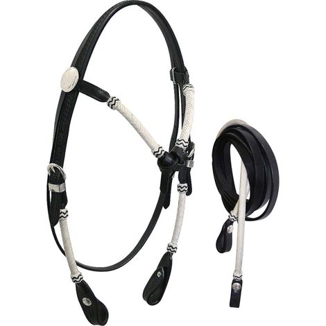 nero - Briglia western in cuoio decorazione basket e inserti in rawhide con redini
