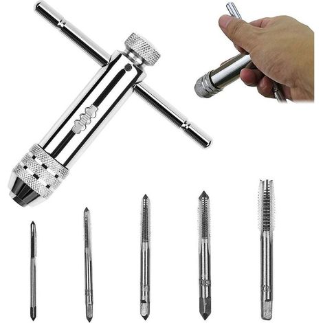 Verstellbarer Gewindeschneidwerkzeugsatz mit T-Griff-Ratschenrohrschlüssel und 5 Maschinenschrauben mit Gewinden von 3 mm bis 8 mm (M3, M4, M5, M6, M8) (1/4)