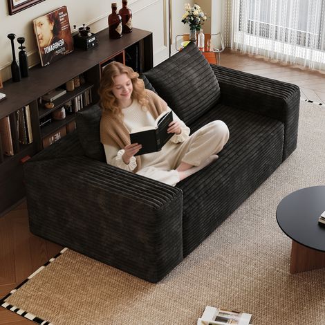 Canapé 2 place 180cm en velours côtelé,2 coussins,assise profonde, loveseat,modulaire,sans montage,compression,pour salon,chambre, noir