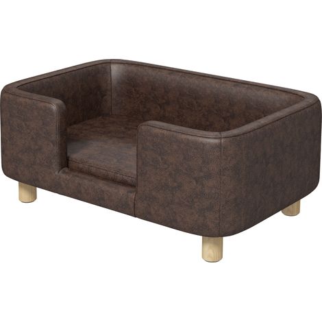 Canapé chien lit moelleux microfibre chocolat rebord coussin pieds bois massif 74 x 48,5 x 31 cm