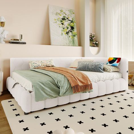 Lit banquette 140x200 cm avec coffre hydraulique, LED, USB et USB-C, sommier à lattes, velours blanc, sans matelas (1/5)