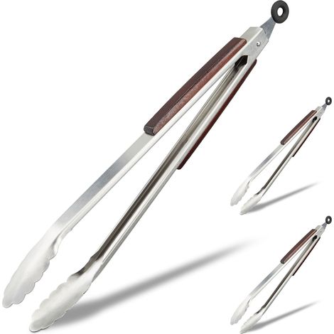 3x Pinze da cucina , Acciaio & Manico Legno, Accessori per Cucinare, Forchettone Spaghetti e Insalata, 38cm, argento