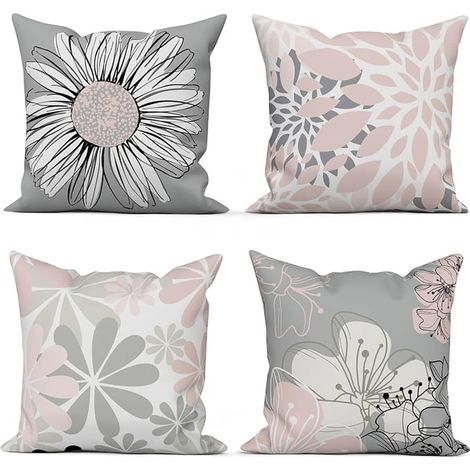 Pink Cushion Covers 18x18 Inch 45x45cm Modern Floral Pattern Grey Cover for Sofa Washable Polyester Linen Outdoor Textile (1/5)
