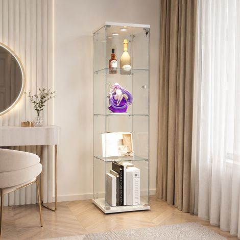 Vitrine en Verre avec éclairage LED et Serrure de Sécurité, Vitrine Armoire 4 Étagères 1 Porte, Verre Trempé, Blanc
