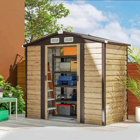 Abri de jardin extérieur 2,36 m² 213 x 120 x 194 cm avec renfort de base et fenêtres, portes coulissantes doubles, cadenas, sol non inclus chêne (1/5)