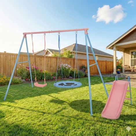 Estructura de juegos para exterior - 330 x 136 x 180 cm - 2 columpios y tobogán - Acero y plástico HDPE - Azul y rosa (1/5)