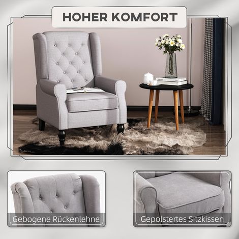 Fauteuil à oreilles avec accoudoirs, fauteuil lounge rembourré capitonné, dossier haut, pieds en bois, gris pour salon et chambre (1/5)