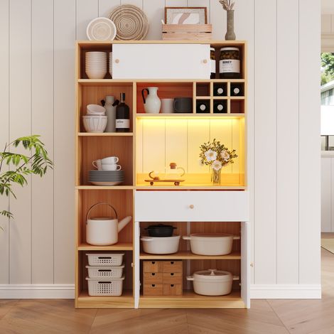 Credenza alta da cucina - LED - 115x35x180 cm - 1 cassetto, 3 ante e ripiani, spazio per un microonde - Bianco e Legno