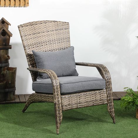 Chaise de jardin Adironrack avec accoudoirs, rotin et acier, 64 x 80 x 90 cm, marron et gris (1/5)