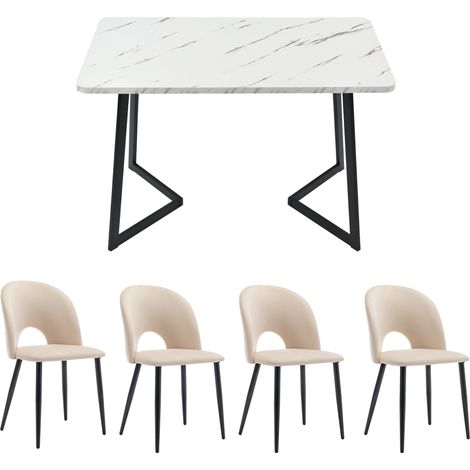 Conjunto de mesa de comedor rectangular 117 x 68 cm con 4 sillas de terciopelo beige y patas negras (1/5)