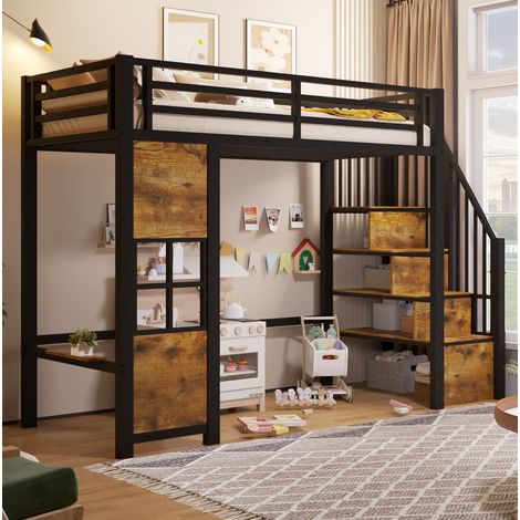 Letto a castello 90x200 cm con scala contenitore, spazio gioco aperto, parete laterale portaoggetti, metallo e MDF nero (1/5)