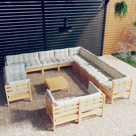 Salon de jardin 14 pcs,Mobilier de terrasse,Table et Chaise pour Relax avec coussins crème Bois de pin solide -YZ499938 (1/5)
