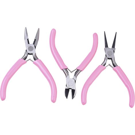 Ensemble de 3 pinces à bec rond en acier au carbone avec poignée rose, pince coupante latérale, outils pour la création de bijoux DIY (1/5)