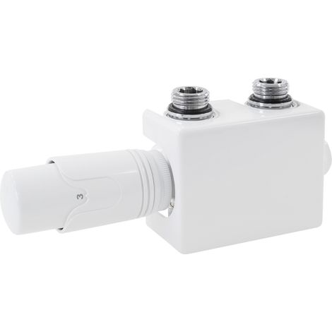LuxeBath Ventil-Armaturen Set Multiblock Weiß Universal Eck- und Durchgangsform inkl. Thermostatkopf für Badheizkörper mit Mittelanschluss - Anschlussgarnitur Heizkörper Universal mit Thermostat