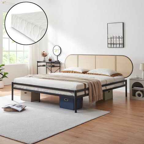 Cama metálica Linköping cabecero ovalado + colchón 180x200cm Negro / Efecto ratán [en.casa]