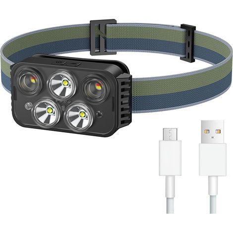 Rechargeable Headlamp with 5 Lights and 6 Modes, Waterproof 6000L LED Hands-free Light, Super Bright Rechargeable LED Running Headlamp (1/5)