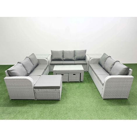 Fimous PE Rattan Lounge Sofa Set 12 Seater Outdoor Garden Furniture Set with Oblong Coffee Table 3 Seater Sofa 3 Stools 2 Side Table Light Grey (1/4)