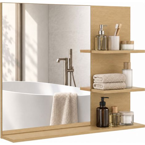 kleankin Specchio da Bagno da Parete con 3 Ripiani, Rovere (1/5)
