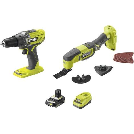 RYOBI Pacco 2 attrezzi ONE+ 18V trapano avvitatore + attrezzo multifunzione oscillante + batteria 2Ah + caricabatterie R18CK2G-1C20G (1/5)