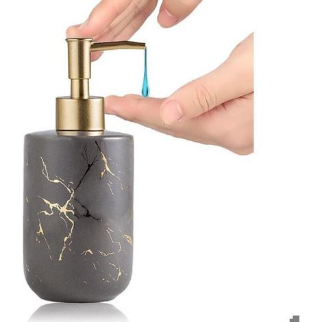 Distributeur de savon céramique 300ml effet marbre gris, pour savon mains et gel douche.