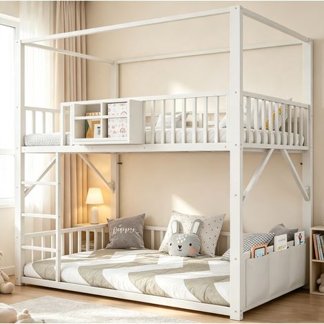MODFU – Letto a castello per bambini 90x200 cm con tetto, mensola, tasca contenitore, barriere di sicurezza e struttura in metallo – Bianco (1/5)