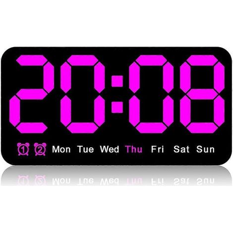 Grande horloge murale numérique, 24 cm (9,5 pouces), réveil LED avec grands chiffres, heure d'été, idéale pour le salon, la chambre ou la salle de classe, couleur violette. (1/5)