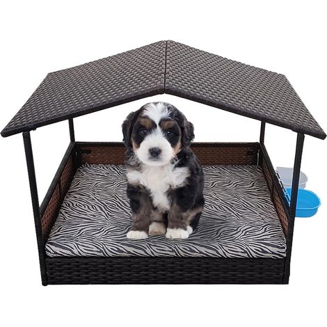Rattan Dog House, Elevated Wicker Bed Lounge Removable Cushion and Canopy (1/5)