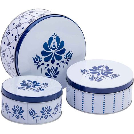 Set 3 botes de metal azul y blanco D20x9h-D18,5x7,5h-D14x6,5h cm (1/5)