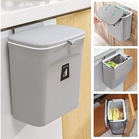 Bac à compost suspendu de 9 litres avec couvercle, gris, idéal pour une utilisation sur un plan de travail ou sous un évier. (1/5)